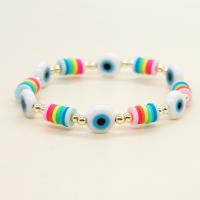 Bracelet Evil Eye bijoux, argile de polymère, avec chalumeau & laiton, Plat rond, Placage de couleur d'or, bijoux de mode & unisexe, couleurs mélangées, Longueur Environ 18 cm, Vendu par PC