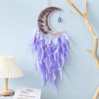 Mode Dreamcatcher, plume, avec cordon en cuir & Agate & Strawberry Quartz & laiton & fer, lune, fait à la main, pour la maison et le bureau, violet, 750mm, Vendu par PC