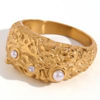 Zirkoon roestvrij staal vinger ring, 316L roestvrij staal, met Plastic Pearl, 18K verguld, mode sieraden & verschillende grootte voor keus & micro pave zirconia & voor vrouw, gouden, Verkocht door PC