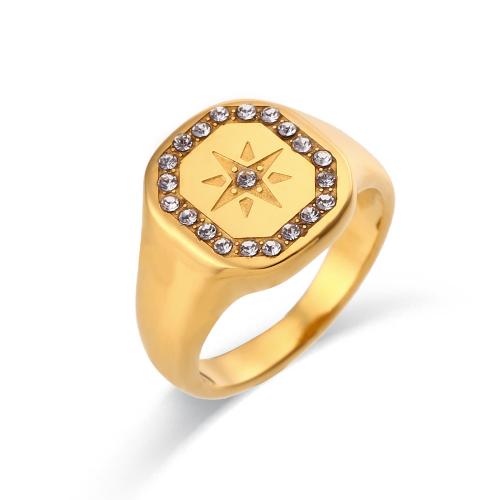 Anillo de dedo acero inoxidable del Rhinestone, acero inoxidable 304, 18K chapado en oro, Joyería & diverso tamaño para la opción & para mujer & con diamantes de imitación, dorado, Vendido por UD