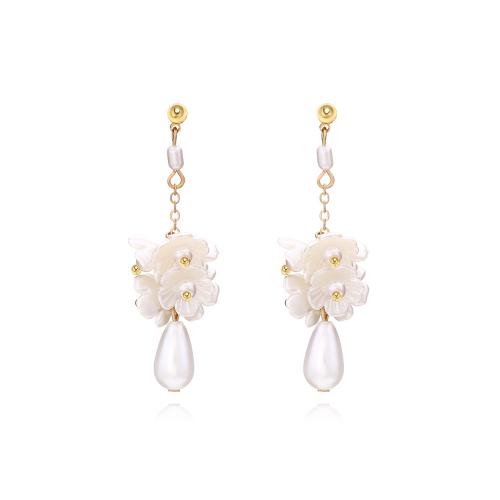 Pendientes, Perlas plásticas, con aleación de zinc, Flor, chapado en color dorado, Joyería & para mujer, Blanco, 16x53mm, Vendido por Par