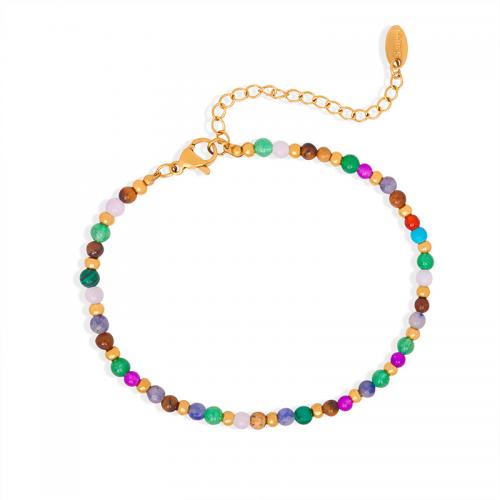 Pulseira de aço titânio, Partículas de aço, with Pedra natural, with 1.97inch extender chain, joias de moda & para mulher, dourado, comprimento Aprox 7.09 inchaltura, vendido por PC