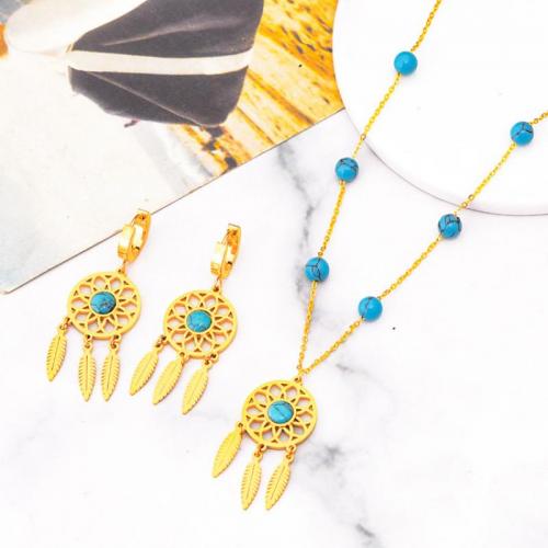 Parures de bijoux, Acier titane, avec turquoise, avec 2.09inch chaînes de rallonge, bijoux de mode & styles différents pour le choix & pour femme, doré, Longueur Environ 15.75 pouce, Vendu par PC