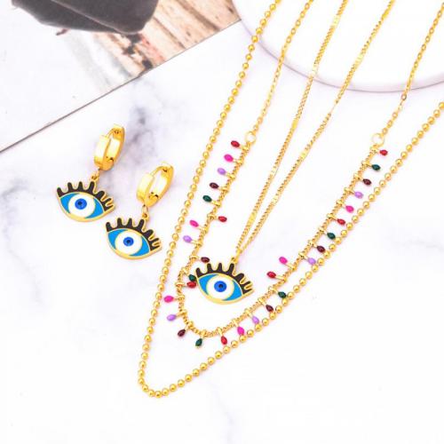 Evil Eye Schmuck-Set, Titanstahl, mit Verlängerungskettchen von 2.36inch, drei Schichten & verschiedene Stile für Wahl & für Frau & Epoxy Aufkleber, goldfarben, earring 18mm, Länge ca. 14.96 ZollInch, ca. 17.72 ZollInch, ca. 20.08 ZollInch, verkauft von PC