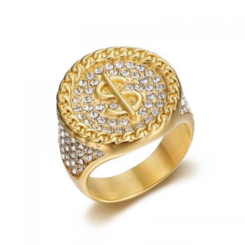 Anillo de dedo acero inoxidable del Rhinestone, acero inoxidable 304, Signo de dólar, Joyería & diverso tamaño para la opción & para hombre & con diamantes de imitación, dorado, Vendido por UD