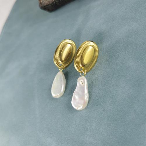 Roestvrij staal Stud Earrings, 304 roestvrij staal, met Zoetwater Parel, mode sieraden & voor vrouw, meer kleuren voor de keuze, nikkel, lood en cadmium vrij, 45x19mm, Verkocht door pair