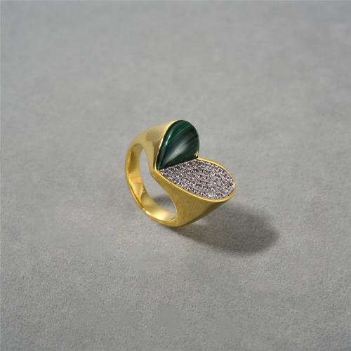 Bague en laiton, avec Malachite, coeur, Placage, bijoux de mode & avec strass, doré, protéger l'environnement, sans nickel, plomb et cadmium, Taille:6-8, Vendu par PC