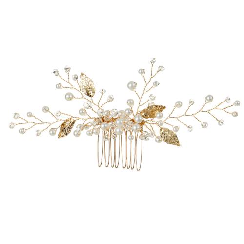 Dekoratív Hair Combs, Vas, -val Műanyag Pearl, a nő & strasszos, aranysárga, Size: 15*5.5cm, Által értékesített PC