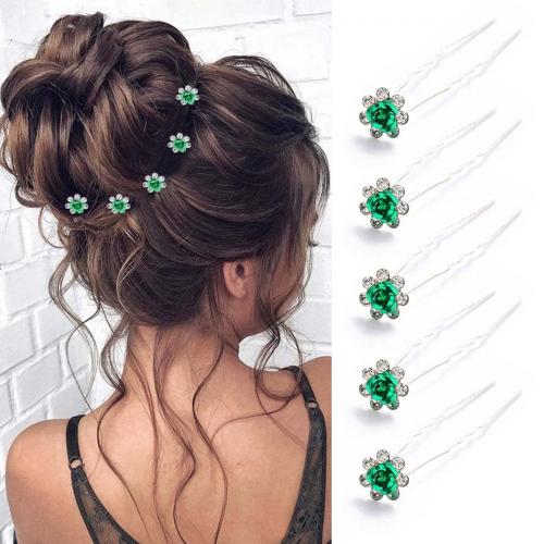 Palillos para el Cabello, fundición, para mujer & con diamantes de imitación, verde, 5PCs/Grupo, Vendido por Grupo