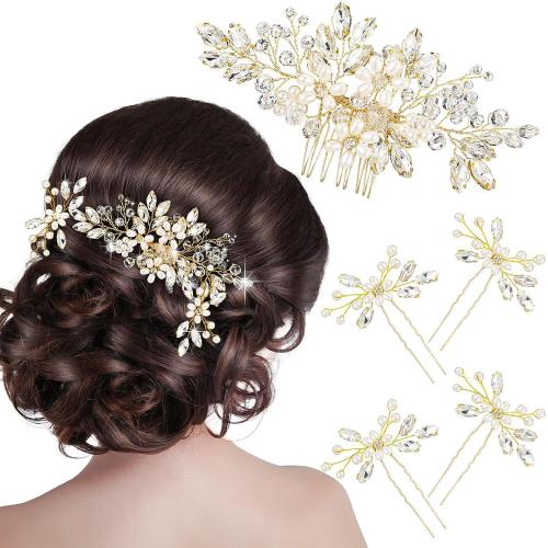 Accessoires pour cheveux mixtes, peigne à cheveux & épingle à cheveux, fer, avec cristal & perle de plastique, 5 pièces & pour femme, plus de couleurs à choisir, Hair comb size: 16.5*6.5cm, fork size: 9*7.5cm, Vendu par fixé