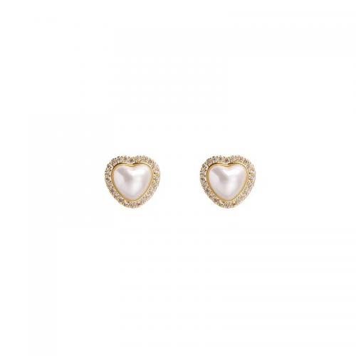 925 Sterling Sølv Stud Earring, med Plastic Pearl, Heart, forgyldt, Micro Pave cubic zirconia & for kvinde, flere farver til valg, 9.50x9.30mm, Solgt af par