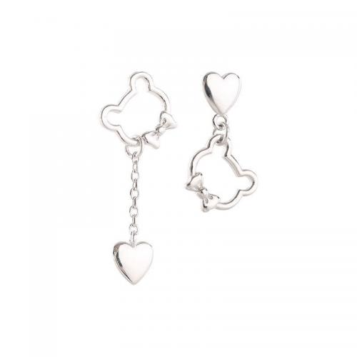 Plata de ley 925 Pendientes asimétricos, Oso, chapado en platina real, para mujer & hueco, earring size 11x20mm, 33mm, Vendido por Par