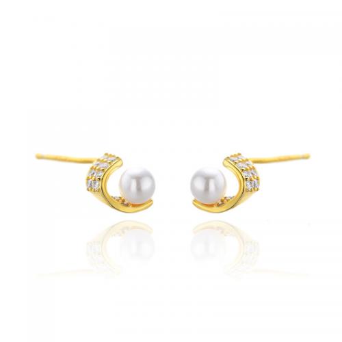 925 Sterling Sølv Stud Earring, med Shell Pearl, Flower, forgyldt, Micro Pave cubic zirconia & for kvinde, flere farver til valg, 5.30x8mm, Solgt af par