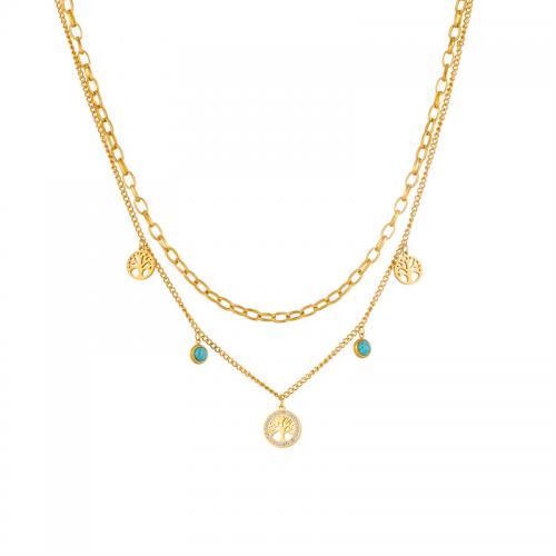 Collier d'acier titane, avec turquoise, avec 1.97inch chaînes de rallonge, Double couche & pour femme & avec strass, doré, 13mm, Longueur Environ 15.75 pouce, Environ 17.32 pouce, Vendu par PC