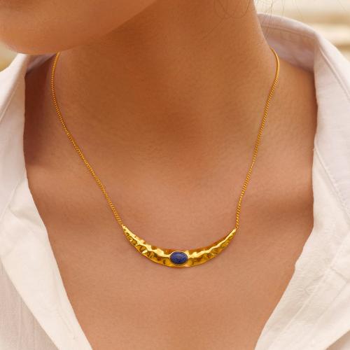 Collier de bijoux en acier inoxydable, Acier inoxydable 304, avec Lapis lazuli, avec 5.5cm chaînes de rallonge, lune, Placage, bijoux de mode, Or, Longueur 41.5 cm, Vendu par PC