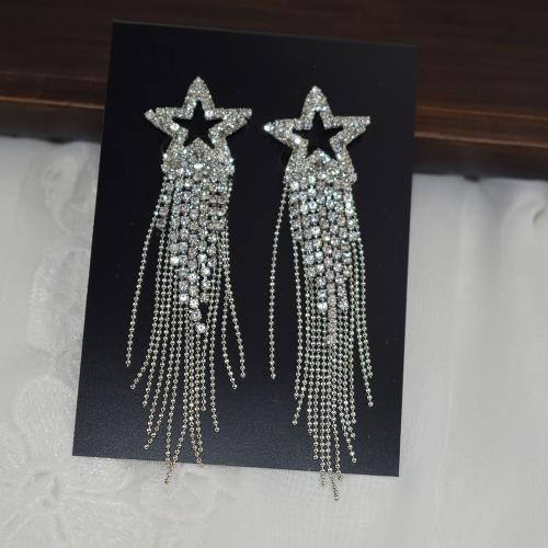 Fashion Fringe Oorbellen, Messing, Ster, silver plated, mode sieraden & voor vrouw & met strass, zilver, nikkel, lood en cadmium vrij, 75x20mm, Verkocht door pair