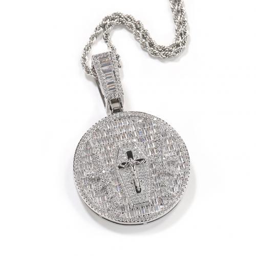 Collier en laiton cubique Zircon Micro Pave, Placage de couleur argentée, bijoux de mode & pavé de micro zircon & pour homme, argent, protéger l'environnement, sans nickel, plomb et cadmium, 65x43mm, Longueur Environ 24 pouce, Vendu par PC