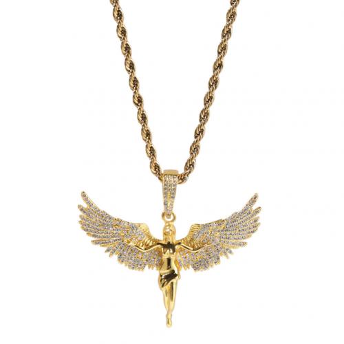 Kubieke Zirkoon Micro Pave Brass Ketting, Messing, Angel Wing, mode sieraden & micro pave zirconia & voor de mens, meer kleuren voor de keuze, nikkel, lood en cadmium vrij, 52x45mm, Lengte Ca 24 inch, Verkocht door PC