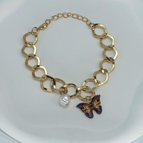 Ferro Pulseiras, with Concha de resina & liga de zinco, Borboleta, joias de moda, dourado, comprimento 22 cm, vendido por PC