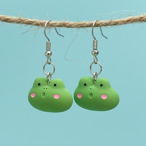 Boucles d'oreilles fer, avec résine, grenouille, bijoux de mode, vert, 21x15mm, Vendu par paire