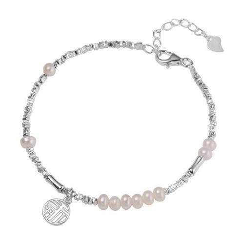 Plata de ley 925 Pulsera, con Perlas cultivadas de agua dulce, con 1.2inch extender cadena, Carta del alfabeto, para mujer & hueco, plateado, longitud aproximado 6.5 Inch, Vendido por UD