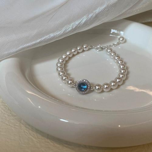 925 Sterling Sølv Armbånd, med Glass Pearl, med 2inch extender kæde, Runde, platineret, Micro Pave cubic zirconia & for kvinde, Længde Ca. 6.3 inch, Solgt af PC