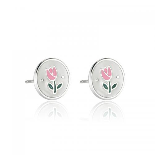 925 sterling silver Stud Earring, Rund, med blommönster & för kvinna & emalj, silver, 5.50x5.50mm, Säljs av Par