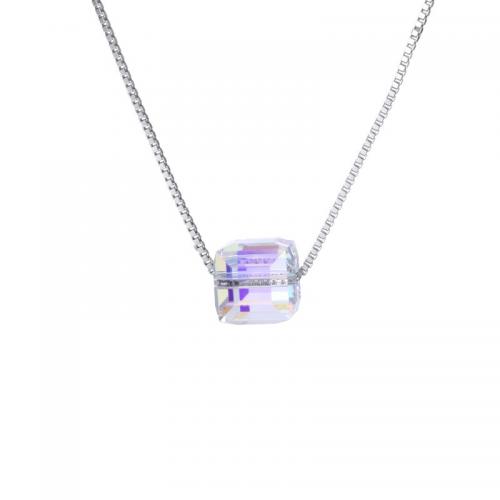 Argent sterling 925 collier, avec Cristal autrichien, cube, Placage, chaîne de boîte & pour femme, plus de couleurs à choisir, Longueur Environ 17.7 pouce, Vendu par PC