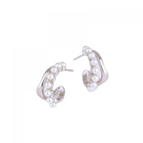 925 sterling silver Stud Earring, med Plast Pearl, Geometriskt mönster, platinerade, mode smycken & för kvinna, 7.50x15mm, Säljs av Par