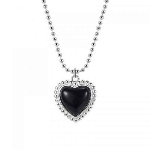 925 sterline d'argento collana, with agata nero, with 2inch extender chain, Cuore, gioielli di moda & Ball chain & per la donna, argento, Lunghezza Appross. 15.7 pollice, Venduto da PC