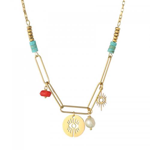 Collier de bijoux en acier inoxydable, Acier inoxydable 304, avec turquoise, avec 5cm chaînes de rallonge, bijoux de mode & pour femme, doré, Longueur Environ 46 cm, Vendu par PC