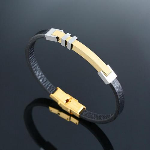 Bracelet cordon en cuir, Microfibre, avec Acier inoxydable 304, poli, bijoux de mode & pour homme, doré, protéger l'environnement, sans nickel, plomb et cadmium, Longueur Environ 21 cm, Vendu par PC