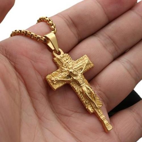 Colar de jóias de aço inoxidável, Aço inoxidável 304, Cruz, polido, unissex & Vario tipos a sua escolha, dourado, The pendant is 50 mm high and 28 mm wide, comprimento Aprox 60 cm, vendido por PC