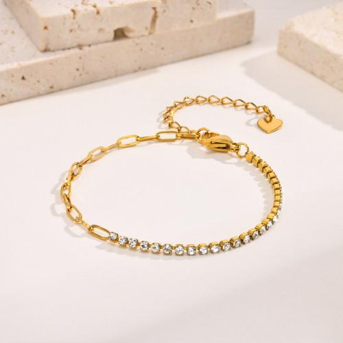 Pulseira de aço titânio, Partículas de aço, with 1.97inch extender chain, joias de moda & micro pavimento em zircônia cúbica & para mulher, dourado, 2mm, comprimento Aprox 6.3 inchaltura, vendido por PC