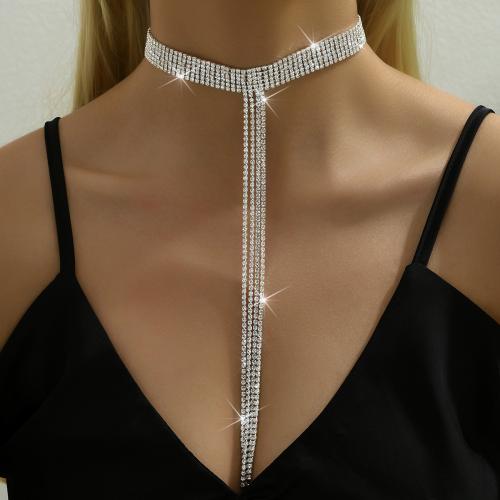 Collar de Latón, metal, con cadena de la garra de latón, con 17CM extender cadena, chapado en color de plata, Joyería & para mujer & con diamantes de imitación, libre de níquel, plomo & cadmio, Vendido por UD