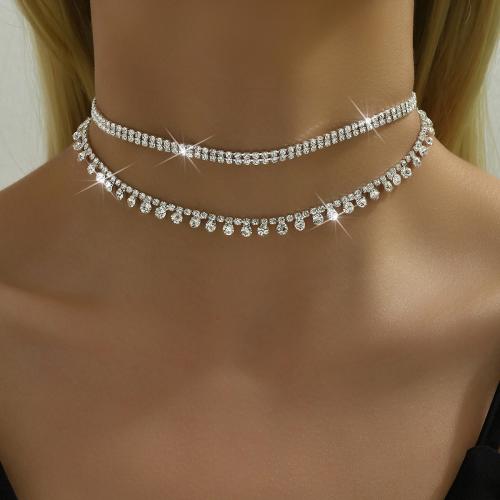 Collar de Latón, metal, con cadena de la garra de latón, chapado en color de plata, Joyería & para mujer & con diamantes de imitación, libre de níquel, plomo & cadmio, longitud aproximado 19 cm, Vendido por UD