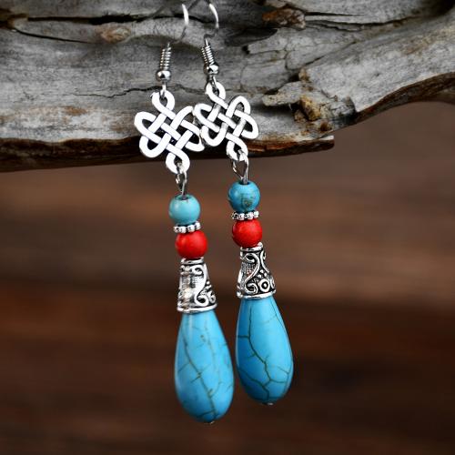 Sinc Alloy Earrings, le turquoise, Teardrop, plátáilte, stíl tíre & do bhean, glas, 80mm, Díolta De réir Péire