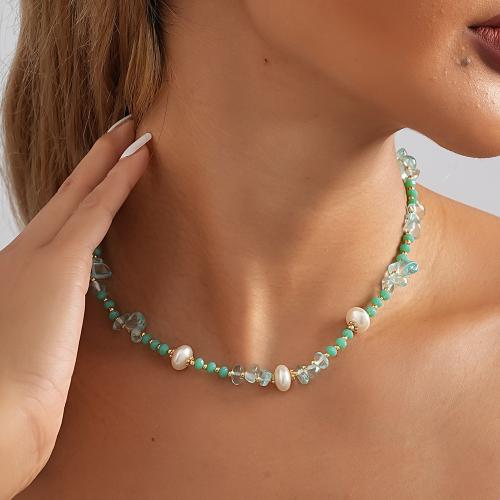 Collier en laiton, avec Pierre naturelle & perle de plastique, avec 7cm chaînes de rallonge, Placage, bijoux de mode, vert, protéger l'environnement, sans nickel, plomb et cadmium, Longueur 37 cm, Vendu par PC