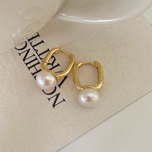 925 sterling silver Huggie Hoop Earring, med Freshwater Pearl, Geometriskt mönster, plated, Koreanska stil & för kvinna, fler färger för val, 10x20mm, Säljs av Par