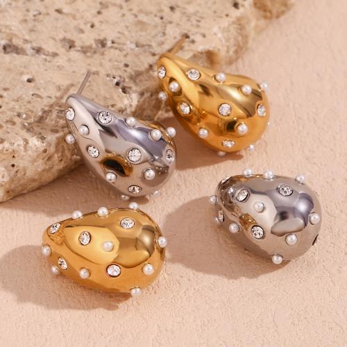 Roestvrij staal Stud Earrings, 316L roestvrij staal, met Plastic Pearl, 18K verguld, mode sieraden & voor vrouw & met strass, meer kleuren voor de keuze, 26.70x16.80mm, Verkocht door pair