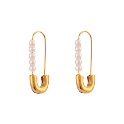 Rostfritt stål spaken bakåt Earring, 304 rostfritt stål, med Plast Pearl, mode smycken & för kvinna, gyllene, 28x10mm, Säljs av Par