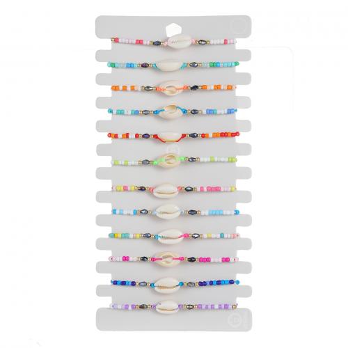 Glazen kralenarmbanden, Seedbead, met Knoopkoord & Papier & Schelp & Kristal, Schelp, Verstelbare & mode sieraden & uniseks, gemengde kleuren, nikkel, lood en cadmium vrij, Lengte Ca 18-23 cm, 12pC's/Stel, Verkocht door Stel