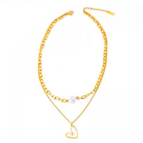 Collier d'acier titane, avec coquille & perle de plastique, avec 1.97inch chaînes de rallonge, coeur, Double couche & bijoux de mode & pour femme, doré, Longueur Environ 14.57 pouce, Environ 16.14 pouce, Vendu par PC