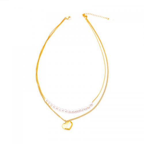 Collier d'acier titane, avec perle de plastique, avec 1.97inch chaînes de rallonge, coeur, Double couche & bijoux de mode & pour femme, doré, 15mm, Longueur Environ 14.76 pouce, Environ 16.34 pouce, Vendu par PC