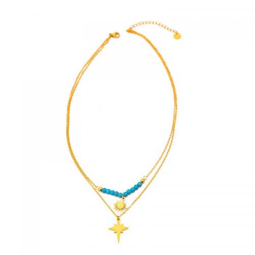 Collier d'acier titane, avec turquoise, avec 2.36inch chaînes de rallonge, Double couche & bijoux de mode & pour femme, doré, Longueur Environ 15.75 pouce, Environ 17.72 pouce, Vendu par PC