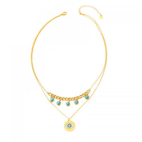 Collier d'acier titane, avec turquoise, avec 2.36inch chaînes de rallonge, Double couche & pour femme & avec strass, doré, Longueur Environ 15.75 pouce, Environ 17.72 pouce, Vendu par PC