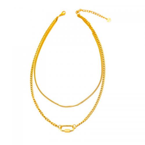 Collier d'acier titane, avec 2.56inch chaînes de rallonge, Double couche & bijoux de mode & pour femme, doré, Longueur Environ 15.55 pouce, Environ 17.32 pouce, Vendu par PC