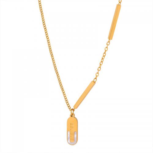 Collier d'acier titane, avec coquille blanche, avec 1.97inch chaînes de rallonge, Plaqué or 18K, bijoux de mode & pour femme, doré, 5x16mm, Longueur Environ 15.75 pouce, Vendu par PC