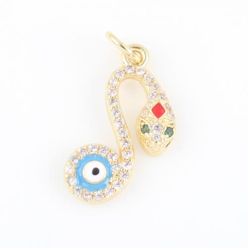 Evil Eye Pendler, Messing, Snake, guldfarve belagt, du kan DIY & Micro Pave cubic zirconia & emalje, blandede farver, nikkel, bly & cadmium fri, 22.50x9.50x2.40mm, Solgt af PC