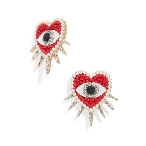 Zink Alloy Stud Earring, med Seedbead & Plast Pearl, Evil Eye, guldfärg pläterade, för kvinna & med strass, 28x27mm, Hål:Ca 1.5mm, Säljs av Par